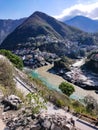 Scenic view of the confluence of Bhagirathi and alaknanda rivers to form the Ganges in the holy district Devprayag Uttarakhand Royalty Free Stock Photo