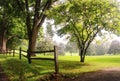 Early autumn foggy morning landscape