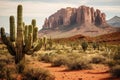 A scenic view of a desert with a cactus in the foreground and mountains in the background., A rugged Western landscape with red Royalty Free Stock Photo