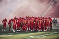 Scenic view of The Dinos football team of the University of Calgary rally together before the game