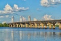 Scenic View of the Dnieper river and Paton bridge in Kiev city. Royalty Free Stock Photo