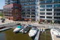 Scenic view of the Downtown Milwaukee Wisconsin buildings with moored boats Royalty Free Stock Photo