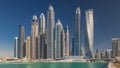 Scenic view of Dubai Marina Skyscrapers with boats , Skyline, View from sea, United Arab Emirates