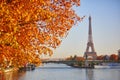 Scenic view of the Eiffel tower over the river Seine from Mirabeau bridge on a bright fall day in Paris Royalty Free Stock Photo