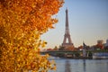 Scenic view of the Eiffel tower over the river Seine from Mirabeau bridge on a bright fall day in Paris Royalty Free Stock Photo