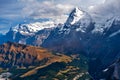 Scenic view of the Eiger and the Monch, the summits of the Bernese Alps in Switzerland, seen from Lauterbrunnen Royalty Free Stock Photo