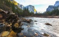 Scenic view of El Capital and Cathedral cliff with river foreground,shoot in the morning in spring season,Yosemite National park, Royalty Free Stock Photo