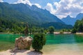 Scenic view of emerald water of Jasna lake near Kranjska Gora in Slovenia