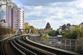 Scenic view of an empty elevated bridge with the cityscape of Berlin on the background, Germany