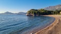 Scenic view on empty idyllic Queens beach near Sveti Stefan, Budva Riviera, Adriatic Mediterranean Sea, Montenegro, Royalty Free Stock Photo