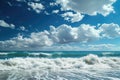 A scenic view of the endless ocean with clear blue skies meeting the sandy beach, as waves roll gently onto the shore, Waves under Royalty Free Stock Photo