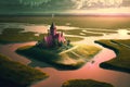 Scenic view of a fantasy island with pink church in the lake landscape. Generated AI.