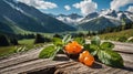 Delicious Cloudberries with Mint on Wooden Table, Mountain View Royalty Free Stock Photo