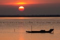 Scenic view of the fisherman boat in Odiyur lake along the east coast road with sunset sky in background, Tamil Nadu, India. Royalty Free Stock Photo