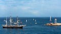 Scenic view of a fleet of boats sailing in the blue sea in Port Vendres, France