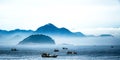 Scenic view of a fleet of boats sailing in the sea with a majestic mountain range in the background