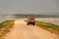 Scenic view of a flock of lesser flamingos against the background of Safari vehicles at Amboseli National Park in Kenya