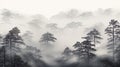 Scenic view of a foggy forest in black and white, AI-generated