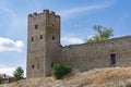 Scenic view of fortification walls of medieval Genoese fortress on Black Sea coast in the southern part of Feodosia Royalty Free Stock Photo