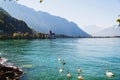 Scenic view of Geneva lake with swans and Chillion castle among mountains in Switzerland