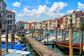 Scenic view of the Grand Canal with moored and sailing boats and gondolas in the center of Venice, Italy Royalty Free Stock Photo