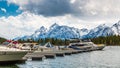 Scenic view of the Grand Teton and the Jackson Lake from the Colter Bay, Yellowstone National Park Royalty Free Stock Photo