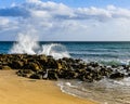 Great Egret & His Shadow with Breaking Waves Royalty Free Stock Photo