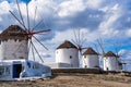 Scenic view Greek of windmills on Mykonos, Greece