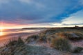 Scenic view of green shrubs covered with frost on sandy Lunan Bay in Arbroath, Scotland at sunset
