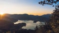 Scenic view from the height on Zaovine Lake at sunset time in summer in Tara national park in Serbia Royalty Free Stock Photo