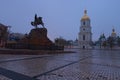 Scenic view on Hetman Bohdan Khmelnitsky monument and Saint Sophia`s Cathedral on Sofia Square, Kyiv, Ukraine