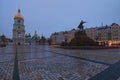 Scenic view on Hetman Bohdan Khmelnitsky monument and Saint Sophia`s Cathedral on Sofia Square, Kyiv, Ukraine.