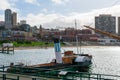 Scenic view from historic Hyde Street Pier of San Francisco Maritime National Historical Park toward busy Aquatic Park Cove beach Royalty Free Stock Photo