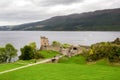 A scenic view of the historic Urquhart Castle situated at the shores of Loch Ness lake, Scottish Highlands Royalty Free Stock Photo