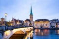 scenic view of historic Zurich city center with famous Fraumunster and Grossmunster Churches and river Limmat at Lake Zurich,