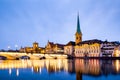 scenic view of historic Zurich city center with famous Fraumunster and Grossmunster Churches and river Limmat at Lake Zurich,