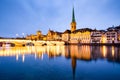 scenic view of historic Zurich city center with famous Fraumunster and Grossmunster Churches and river Limmat at Lake Zurich, Royalty Free Stock Photo