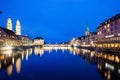 scenic view of historic Zurich city center with famous Fraumunster and Grossmunster Churches and river Limmat at Lake Zurich,