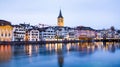scenic view of historic Zurich city center with famous Fraumunster and Grossmunster Churches and river Limmat at Lake Zurich, Royalty Free Stock Photo