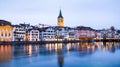 scenic view of historic Zurich city center with famous Fraumunster and Grossmunster Churches and river Limmat at Lake Zurich,