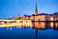 scenic view of historic Zurich city center with famous Fraumunster and Grossmunster Churches and river Limmat at Lake Zurich, Royalty Free Stock Photo