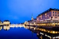 scenic view of historic Zurich city center with famous Fraumunster and Grossmunster Churches and river Limmat at Lake Zurich,