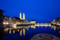 scenic view of historic Zurich city center with famous Fraumunster and Grossmunster Churches and river Limmat at Lake Zurich,