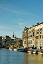 Scenic view of the historical canals of Amsterdam, Netherlands with its iconic architecture