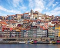 Scenic view on the historical part of Porto and the Douro river in sunny spring morning, Portugal