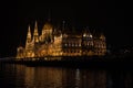 Scenic view of Hungarian Parliament building with reflection in water at night, Budapest, Hungary Royalty Free Stock Photo