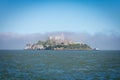 Scenic view of the iconic Alcatraz Island in fog