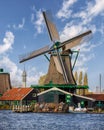 Scenic view of the iconic Dutch windmills in Zaanse Schans, in the Netherlands