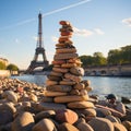 Scenic view of the iconic Eiffel Tower and a pyramid of rocks in the foreground. AI-generated. Royalty Free Stock Photo