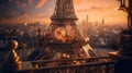 Scenic view of the iconic Eiffel Tower in steampunk style at sunset. Paris, France.